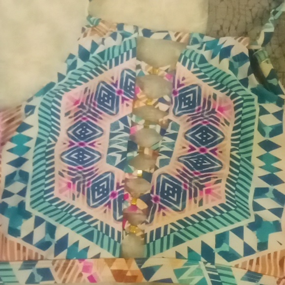 High neck laced front teal and rust bikini w cheeky bottoms - Picture 4 of 12